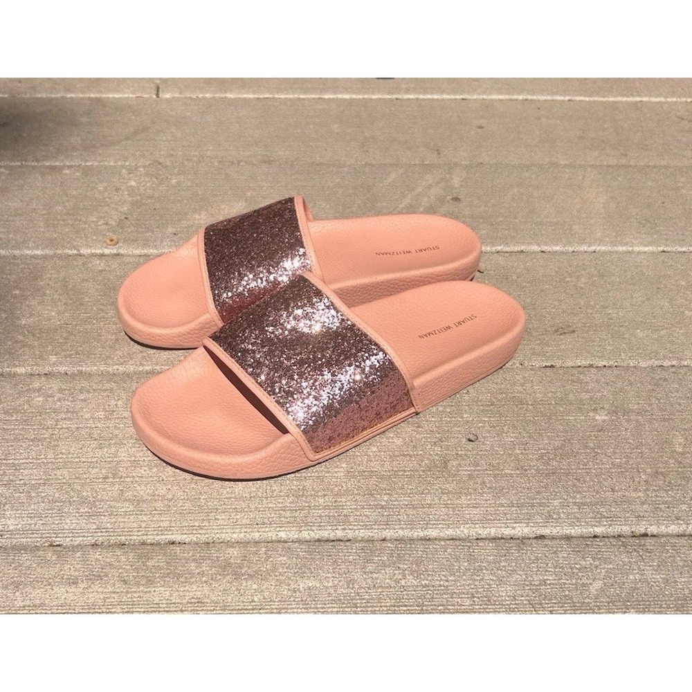 Stuart Weitzman Pink Glitter Slide Sandals Womens 9 Rose Gold Sparkle Flat Shoes